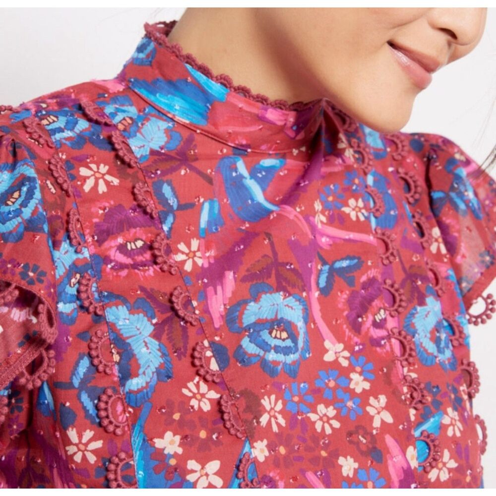FARM Rio Pink and Blue Floral Flutter Sleeve Blouse - Picture 2 of 12